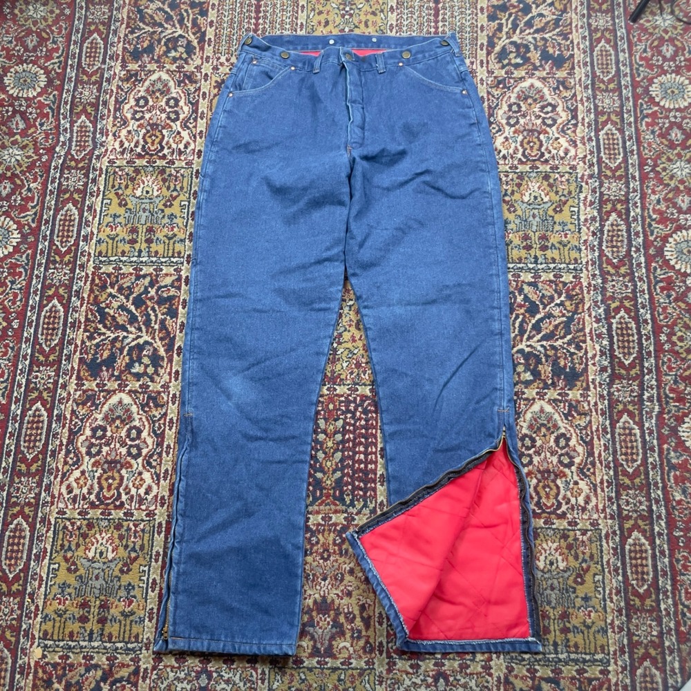 VTG 70s Key Imperial Quilted Lined Denim Work Pants Blue 38x34 Talon Zip Leg USA